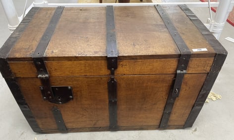 19TH C. IRON BOUND LIFT TOP CHEST, WALNUT, TUCK