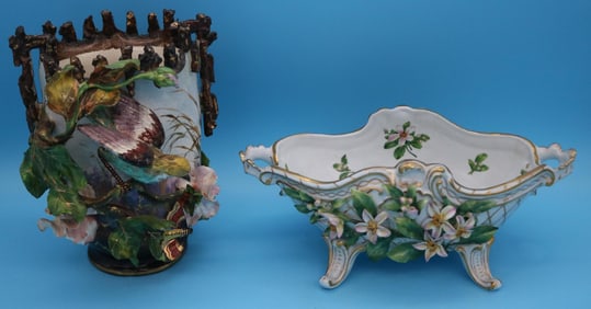 2 FANCY PORCELAIN PCS, 19TH C. VASE WITH BIRDS &