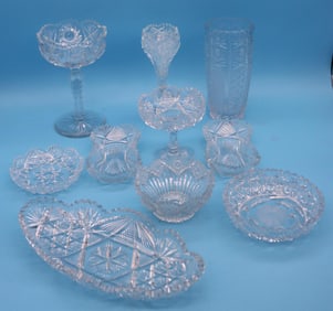 10 PCS. CUT GLASS, TAZZAS, VASES, BOWLS, TRAYS, 1