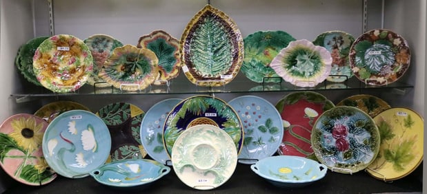 10 MAJOLICA LEAF DESIGNS PLATES, 8" - 12" W, 9" -