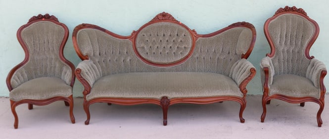 3 PCS. VICTORIAN PARLOR SET, FANCY CARVED CRESTS,