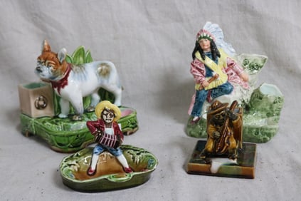 4 MAJOLICA MATCH/SMOKING STANDS, BULL DOG, 6" H,
