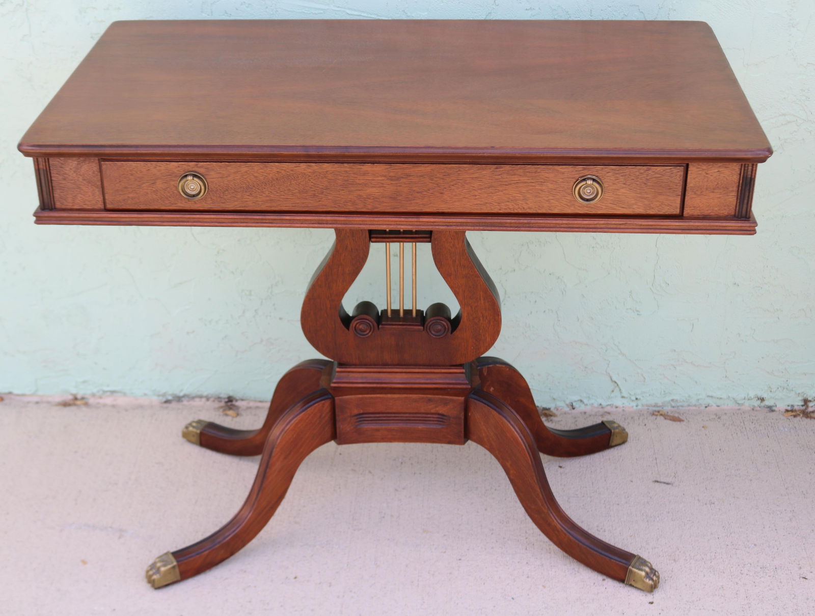 CUSTOM MAHOGANY CONSOLE TABLE, 1 DRAWER, LYRE: BASE, DUNCAN PHYFE LEGS, REFINISHED CONDITION, 39" H, 36" W, 20" D