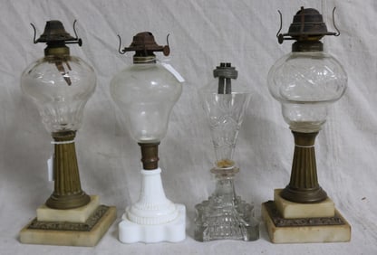 FOUR 19TH C. FLUID LAMPS, 2 WITH CUT FONTS, BRASS