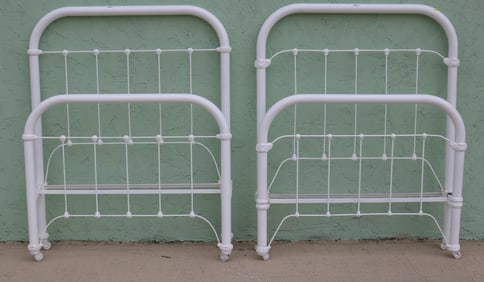 PAIR RESTORED IRON TWIN BEDS, WHITE PAINED
