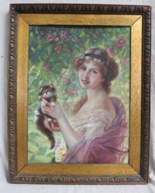OIL ON WOOD BOARD, YOUNG WOMAN WITH KITTEN,