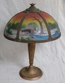 REVERSE PAINTED PANEL GLASS LAMP, SATIN FINISH