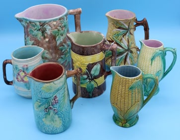 7 MAJOLICA PITCHERS 2 CORN PATTERN, 6 3/4" H, 1