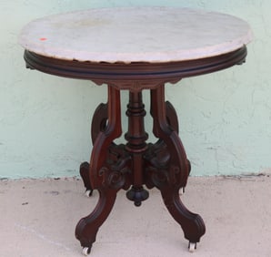 VICTORIAN WALNUT MARBLE TOP TABLE, OVAL TOP,
