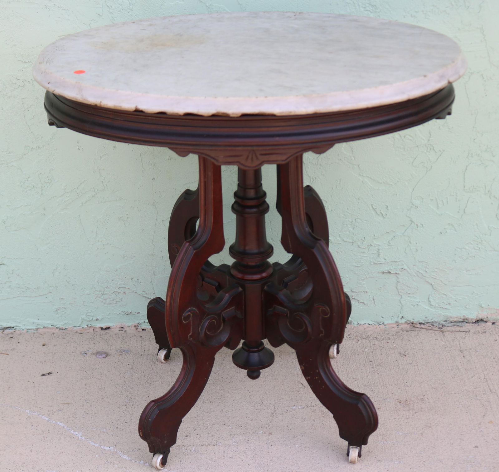 VICTORIAN WALNUT MARBLE TOP TABLE, OVAL TOP, (1 of 3)
