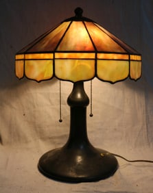 SMALL LEADED SLAG GLASS PANEL LAMP, BRONZE