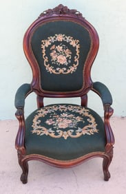 VICTORIAN STYLE ARM CHAIR, MAHOGANY, FLORAL