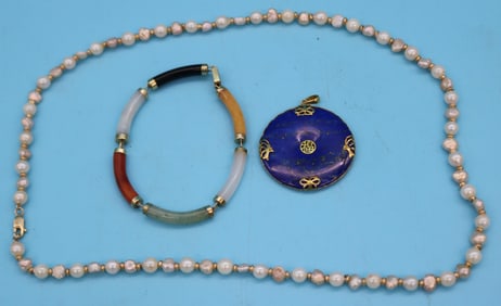 THREE PCS. 14K MOUNTED JEWELRY, 20" SEED PEARL