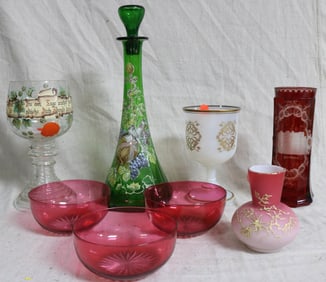 8 PCS. 19TH C. GLASSWARE, ENGRAVED & RUBY FLASHED
