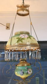 VICTORIAN BRASS COTTAGE HANGING LAMP, ORIGINAL