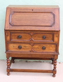ENGLISH OAK SLANT LID DESK, FITTED INTERIOR,