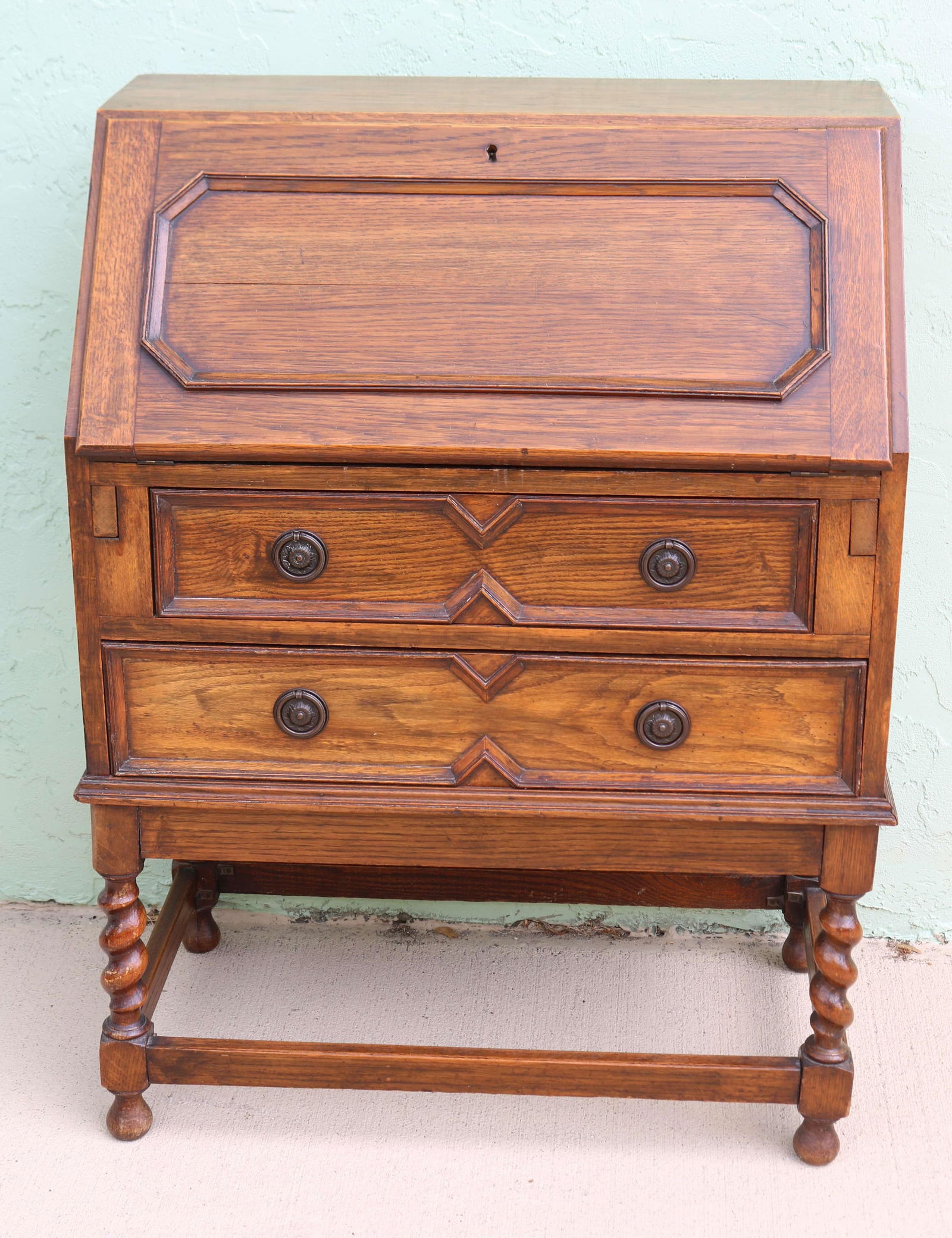 ENGLISH OAK SLANT LID DESK, FITTED INTERIOR, (1 of 3)