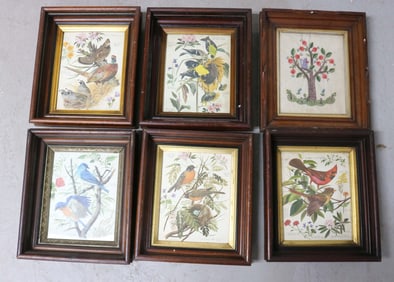 6 VICTORIAN WALNUT DEEP FRAMES, 5 BIRD PRINTS, 1