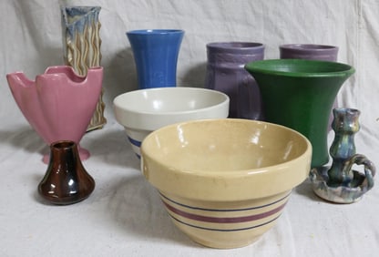 10 MISC. PCS. OF VINTAGE POTTERY, VAES, BOWL,