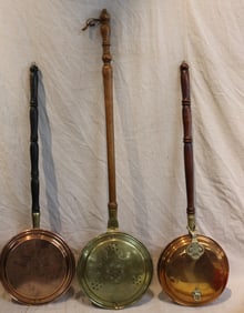3 BEDWARMERS, ONE 18TH C. TURNED HANDLE, ENGRAVED