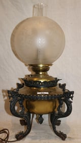 B&H RADIANT OIL LAMP, BRASS FONT, IRON FRAME WITH
