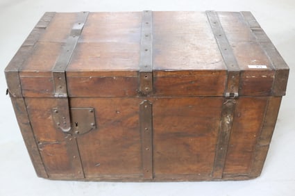 19TH C. IRON BOUND TRUNK, INSET HANDLES, NATURAL