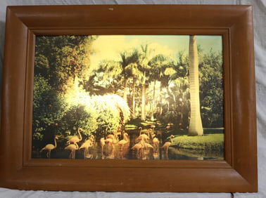 VINTAGE FRAMED LITE PRINT OF FLORIDA, FLAMINGOS &