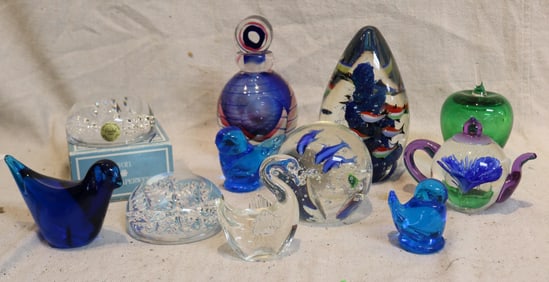 11 MISC. GLASS PAPER WEIGHTS, FIGURAL ETC.,