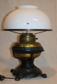 VICTORIAN BRASS & IRON TABLE LAMP, ELECTRIFIED,