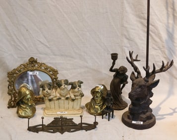 LOT 8 METAL ITEMS, MIRROR, REPRO DOG DOOR STOP,