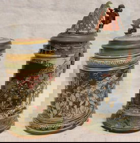2 METTLACH STEINS, INCISED DECORATION #2055