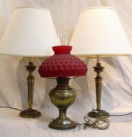 LOT 3 LAMPS, BRASS RAYO STYLE WITH QUILTED