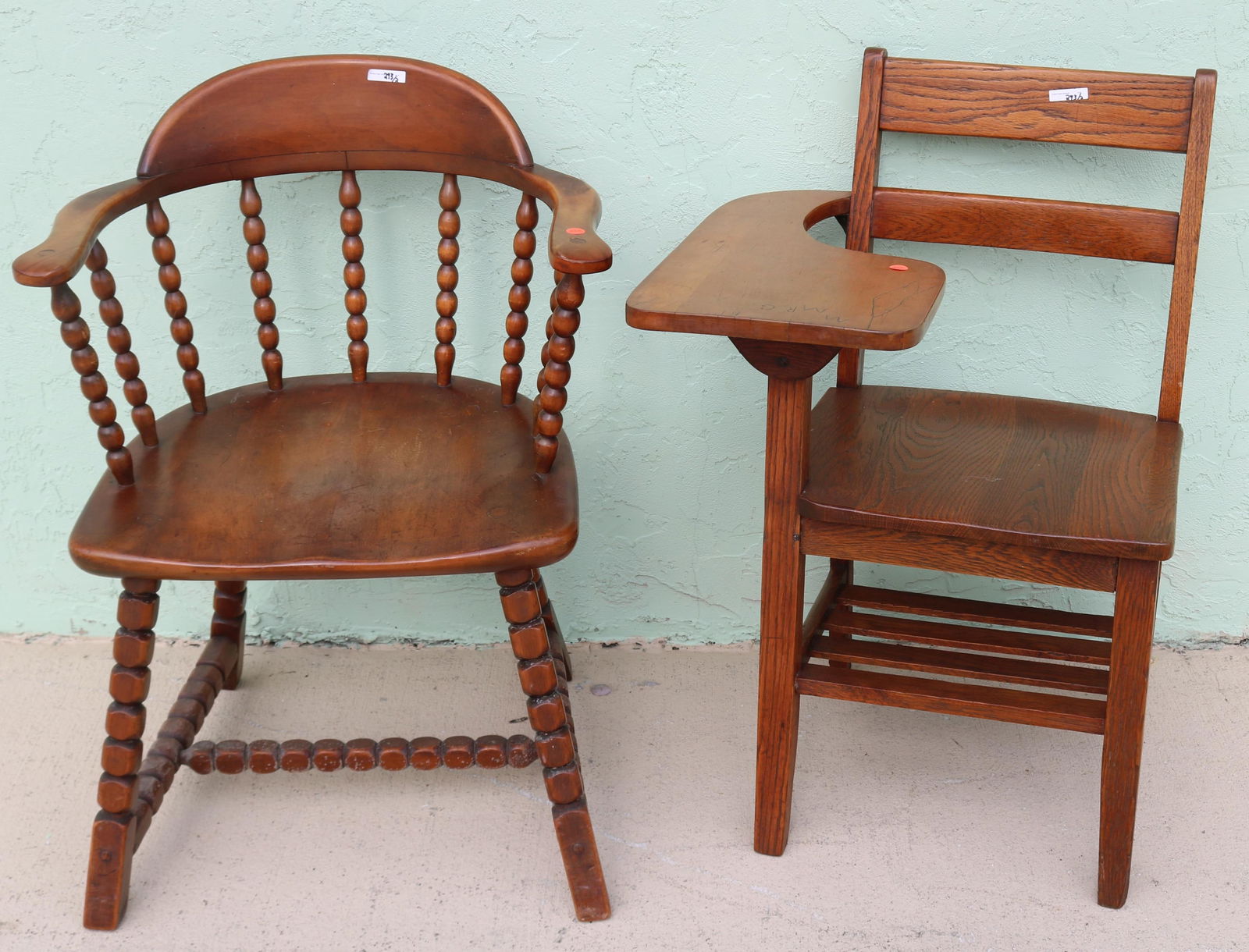 2 CHAIRS, MAPLE ARM CHAIR 33" H, OAK WRITING ARM: CHAIR, 31 1/2" H, BOTH NATURAL FINISH TOGETHER WITH STOOL