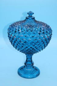 LARGE TEAL BLUE PRESSED GLASS COVERED COMPOTE,