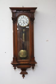 WALNUT WALL CLOCK, WEIGHT DRIVEN, ENAMELED DIAL,