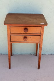 19TH C. 2 DRAWER STAND, FLAMING BIRCH, GOOD