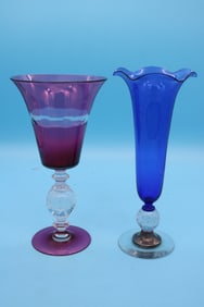 TWO PAIRPOINT VASES, ENGRAVED CRANBERRY TRUMPET