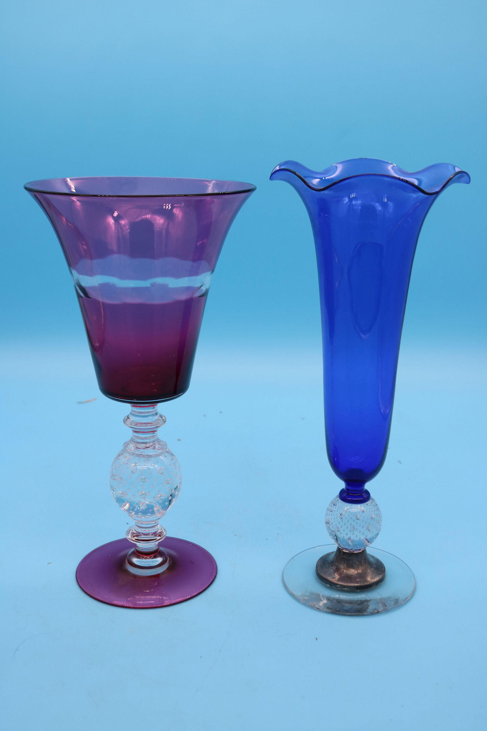 TWO PAIRPOINT VASES, ENGRAVED CRANBERRY TRUMPET (1 of 2)