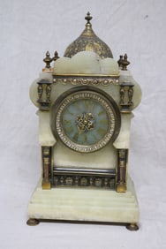 ONYX & BRASS MANTEL CLOCK, PERSIAN DESIGN,