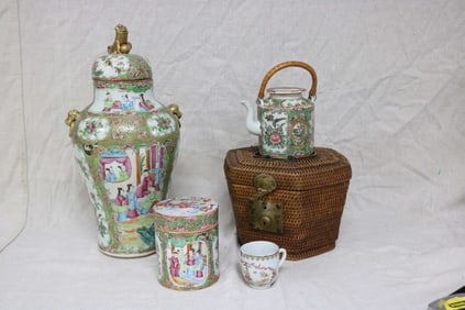 4 ROSE MEDALLION ITEMS, COVERED URN, 16" H, 7