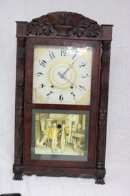 ELI TERRY MAHOGANY SHELF CLOCK, CARVED CREST WITH