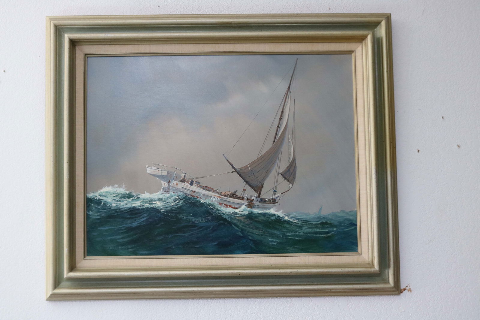 WELFORD WILL HADDON, 1928-1982 VIRGINIA, OIL ON: MASONITE, SHIP IN ROUGH SEAS, SIGNED LOWER LEFT, DATED '77, MODERN FRAME, 18" X 24" , SIGHT, 25 1/2" X 31 1/2" OVERALL, GOOD CONDITION