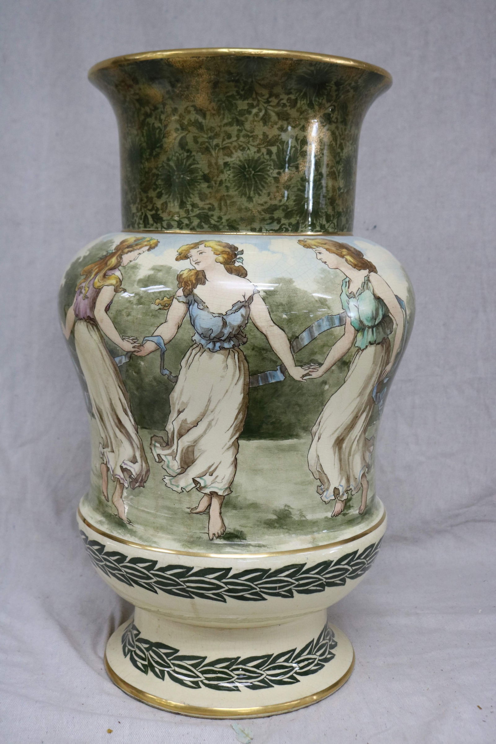 ROYAL DAULTON FLOOR VASE, DEPICTING 6 DANCING: YOUNG WOMEN, LOOKS HAND PAINTED, 23 1/2" H, 14" DIA., SOME CRAZING, SLIGHT HAIR LINE TO BOTTOM