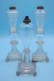 3 WHALE OIL LAMPS, 19TH C. PAIR WITH ENGRAVED &
