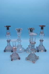 COLLECTION OF 6 EARLY FLINT GLASS CANDLESTICKS,