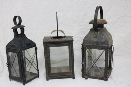 3 EARLY TIN CANDLE LANTERNS, ORIGINAL AS FOUND
