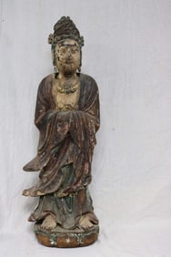 TALL CARVED & PAINTED FIGURE OF QUAN YIN, OLD