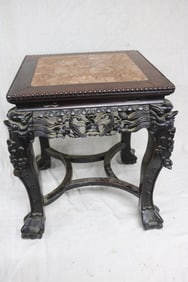 ORNATELY CARVED TEAK STAND WITH MARBLE INSERT,