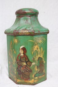 19TH C. TIN TEA CANNISTER, GREEN BACKGROUND WITH