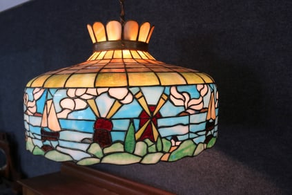 LEADED GLASS HANGING LAMP, WINDMILLS & SAILBOATS,